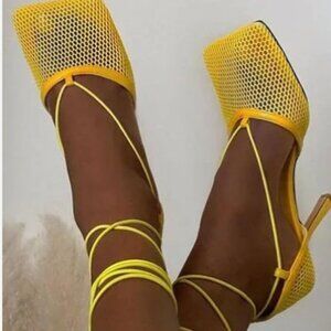 High Heels Square Toe Mesh See Thru Lace Up Wrap Tie Shoes Yellow Size 40 / 10